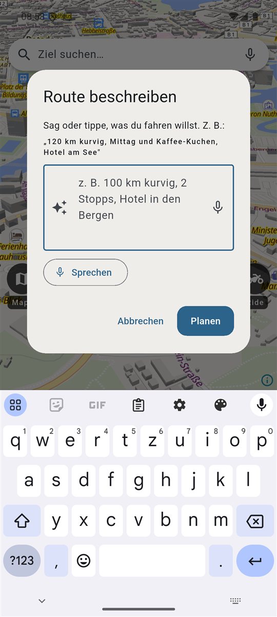 KI-Dialog „Route beschreiben“ mit Diktat-Button