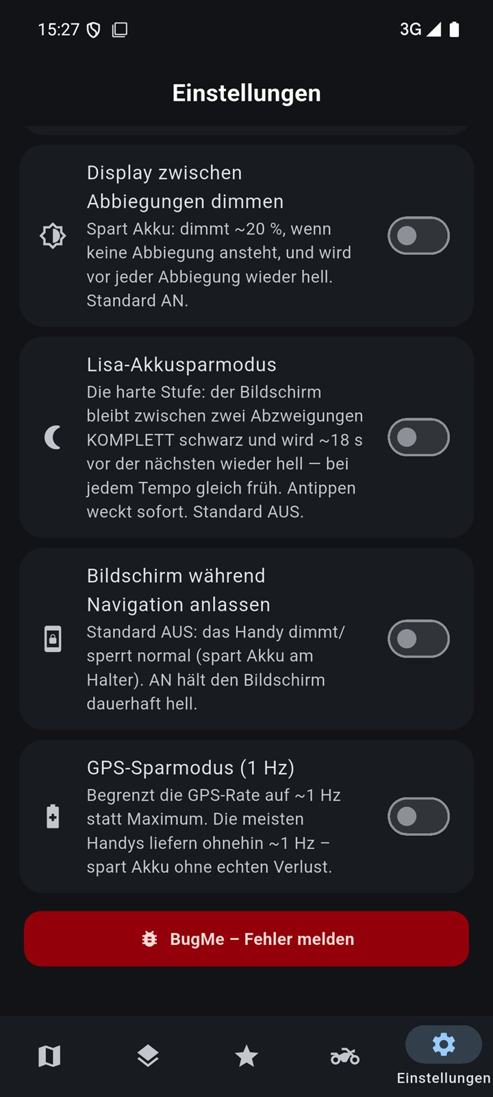 Einstellungen mit dem Lisa-Akkusparmodus: der Bildschirm bleibt zwischen
             zwei Abzweigungen komplett schwarz und wird 18 s vorher wieder hell