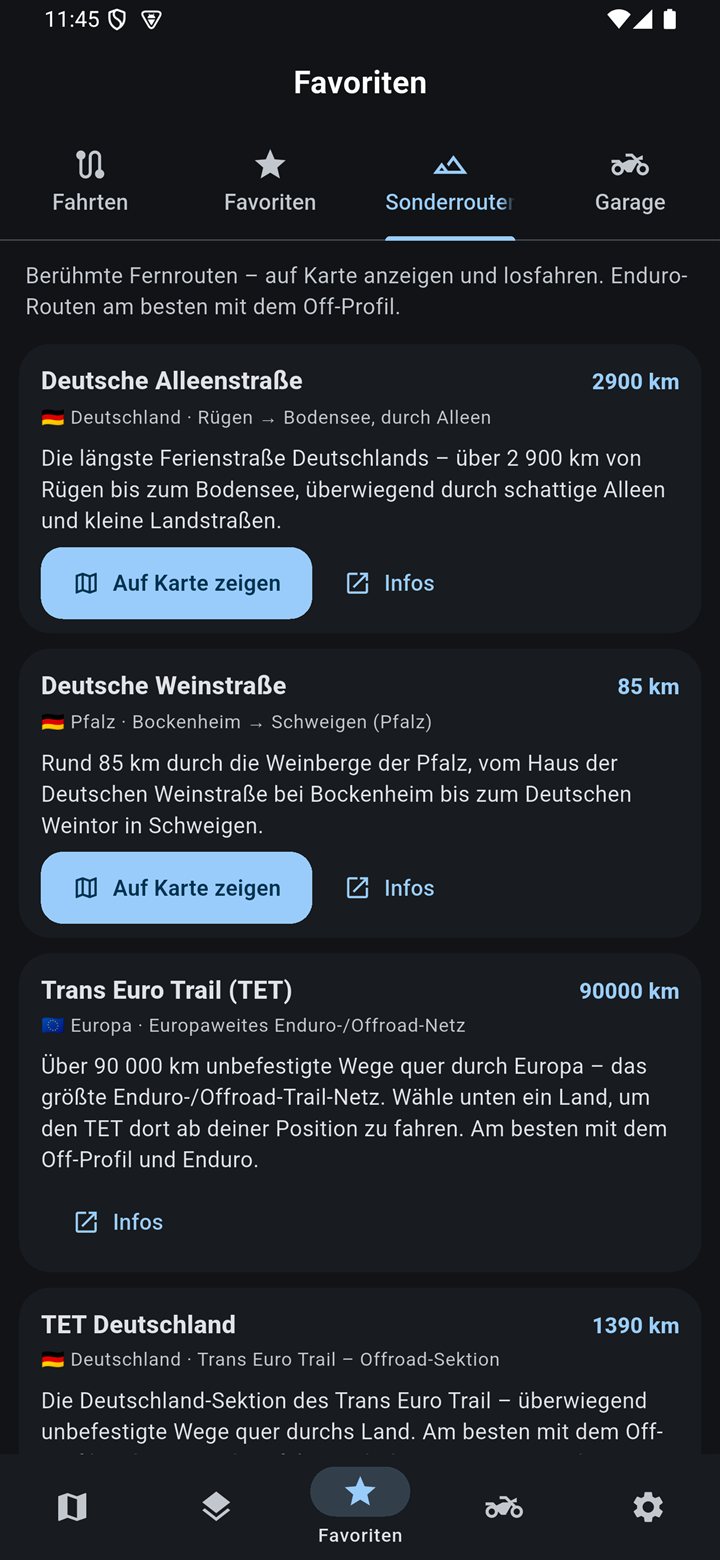 Sonderrouten-Reiter: Deutsche Alleenstraße, Weinstraße, Trans Euro Trail, Norwegens Landschaftsrouten